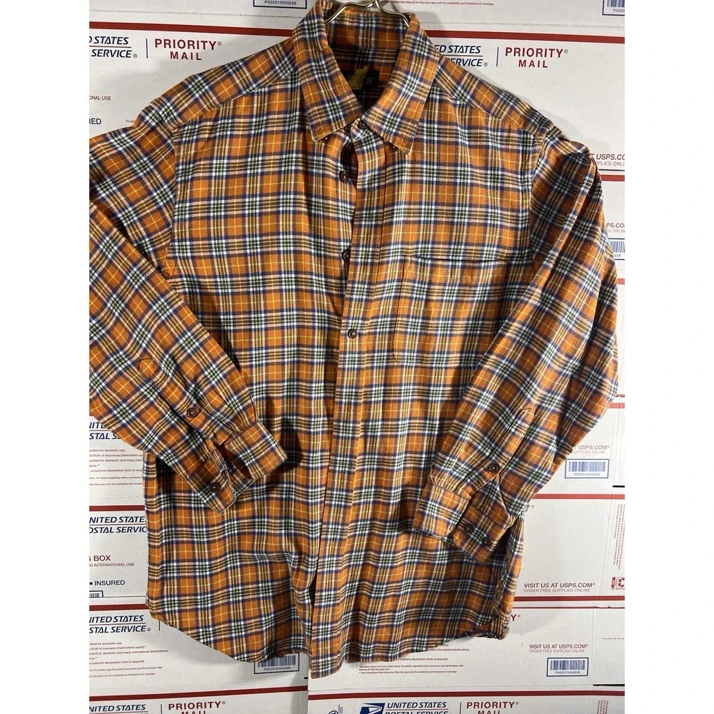 ORVIS Button Down Shirt Mens L 100% Cotton Orange Blue Tartan‎ Plaid Long Sleeve